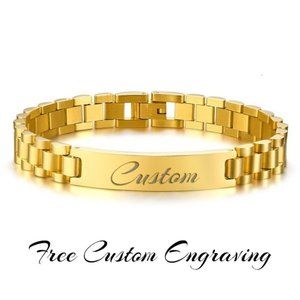 Mens gold plated high polished stainless steel custom bracelet.